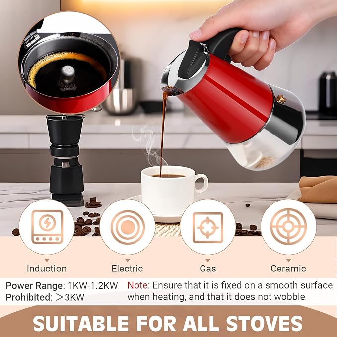 4 Cup Stainless Steel Moka Pot, 200ml Stovetop Espresso Maker, Red | 304 Stainless Steel Mocha Pot, Induction Compatible, Greca de Cafe, Cuban and Italian Coffee Maker - Image 5
