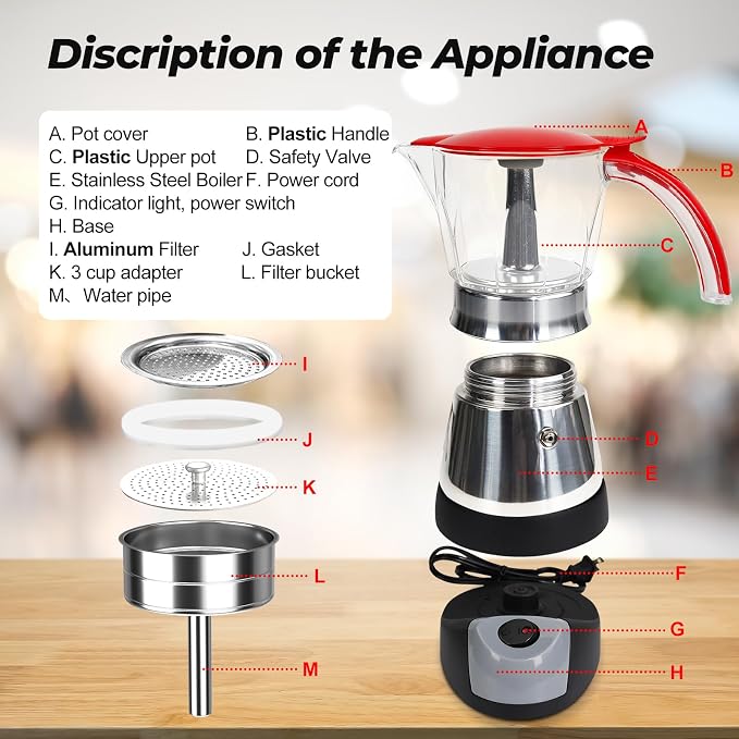 Electric Plastic Clear Moka Pot 3-6 Cup 150-300ml Mocha Pot | Stainless Steel Espresso Maker with Detachable Base Ideal Coffee Maker for Home Italian and Cuban Café Coffeemaker Red - Image 3