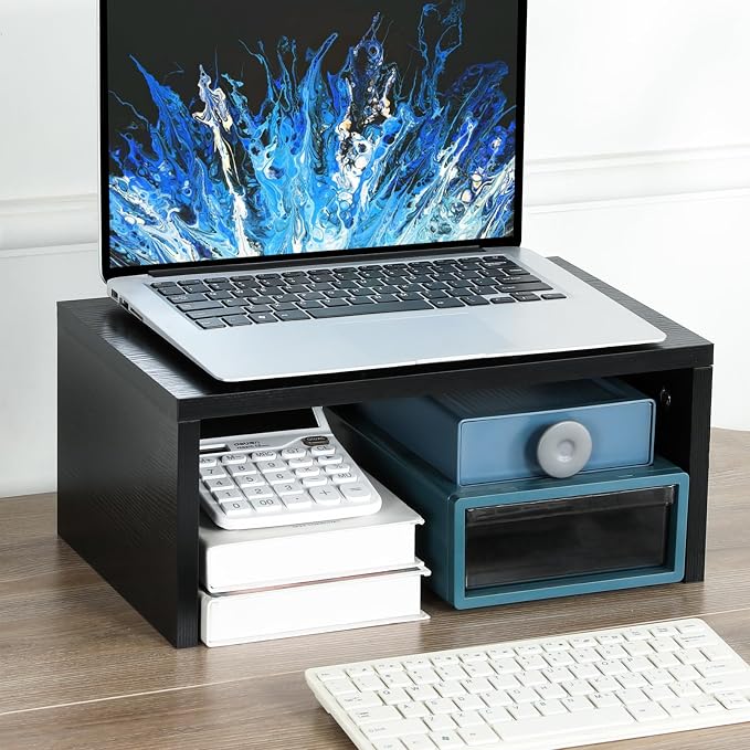TEAMIX 6.7 inch Tall Monitor Stand Riser, Wood Shelf Riser, Desk Organizer | Laptop/Printer/Computer Stand, Extra Storage Underneath, Minimalist, Modern Design, Smooth Black Finish, for Home Office - Image 2