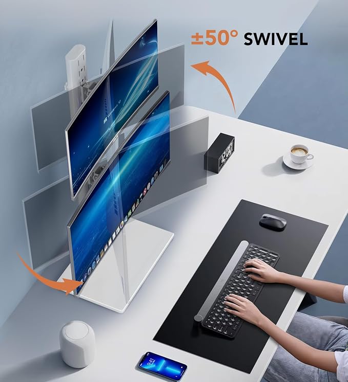 Dual Monitor Stand - Vertical Stack Screen Free-Standing Monitor Riser Fits Two 13 to 34 Inch Screen with Swivel, Tilt, Height Adjustable, Holds One (1) Screen up to 44Lbs HT05W-002 White - Image 3