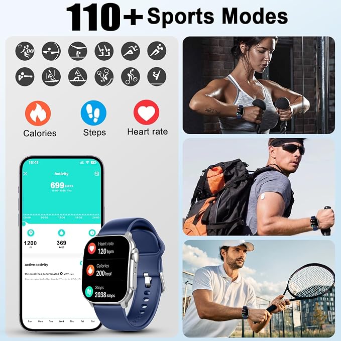 Smart Watch for Men, 2.01" AMOLED Curved HD Screen Smart Watch, Fitness Tracker with 24/7 Heart Rate/Sleep Monitor, IP68 Waterproof Running Watch, Compatible with iOS & Android for Daily Workout Blue - Image 5