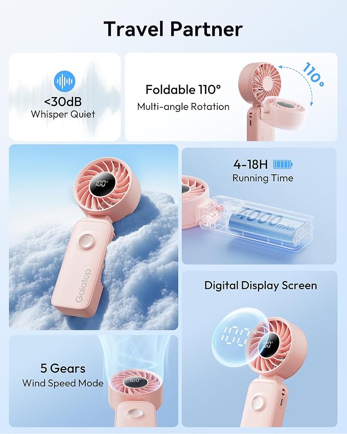 Gaiatop Portable Handheld Fan, 5 Speed Rechargeable Battery Max 18 Working Hours, 3 IN 1 Neck/Desk/Hand Fan Cooling for Travel, Beach, Women/Men Outdoor Activities Gifts - Pink - Image 2