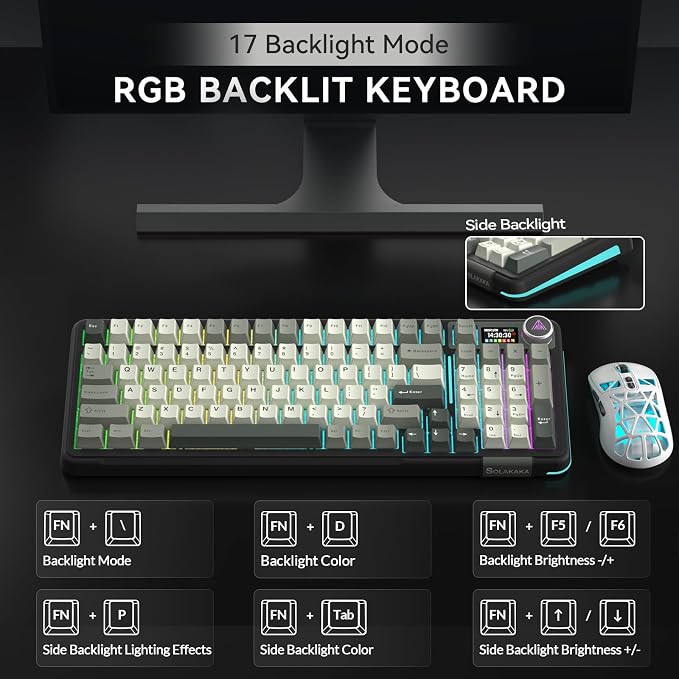 SOLAKAKA A99 Pro Wireless Mechanical Keyboard with LCD Screen & Metal Knob, 2.4GHz/BT5.0/USB-C, RGB Backlit Gaming Keyboard, Hot Swappable, Creamy Keyboard with Gasket Structure, for Win/Mac - Image 7