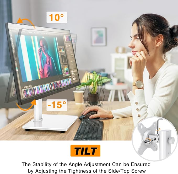 TAVR Furniture Single Monitor Stand VESA Mount for 13-32 Inch Screens | Free-Standing Monitor Riser with Swivel Tilt Rotation Height Adjustable, Universal Desk Stand up to 44lbs, White - Image 4