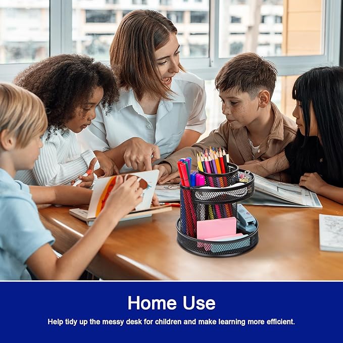 Comix Mesh 360° Rotating Pen Holder, Desk Organizer for Home Office, Black | 5 Compartment Pencil Holder, Sticky Notes Holder, Pen Organizer Office Supplies - Image 8