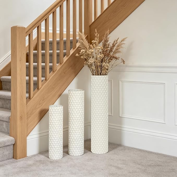 White Tall Floor Vase - Set of 3 Large Metal Decorative Vases for Living Room, 27.6in Long Modern Minimalist Big Cylinder Standing Rustic Boho Corner Decor for Farmhouse Entryway Pampas Grass - Image 4
