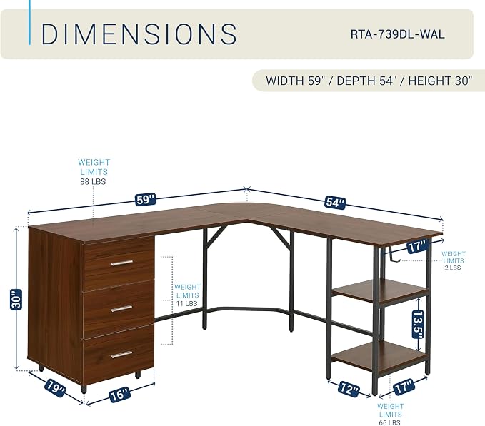 Techni Mobili L Shaped Desk - Two-Toned Computer Desk with Drawers & Storage Shelves - Simple Modern Furniture & Home Office Space Corner Table for Work & Writing | 59" two‑tone L‑shaped desk with storage shelves, durable frame, modern corner workstati... - Image 3