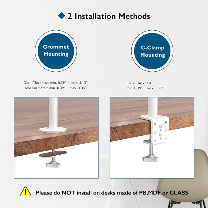 BONTEC Dual Monitor Desk Mount, 13-27 Inch, 22lbs, VESA 75x75/100x100,White | Full Motion Adjustable Stand, Heavy Duty Arms, C Clamp and Grommet Base, Cable Management for Flexible Screen Positioning - Image 8
