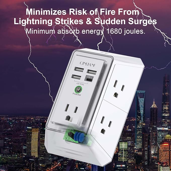 3-Sided Outlet Extender with Night Light - QINLIANF Multi Plug Outlet with 5 Outlets and 4 USB Ports(1 USB-C), USB Wall Charger for Home, Office, Travel, ETL Listed, White - Image 5