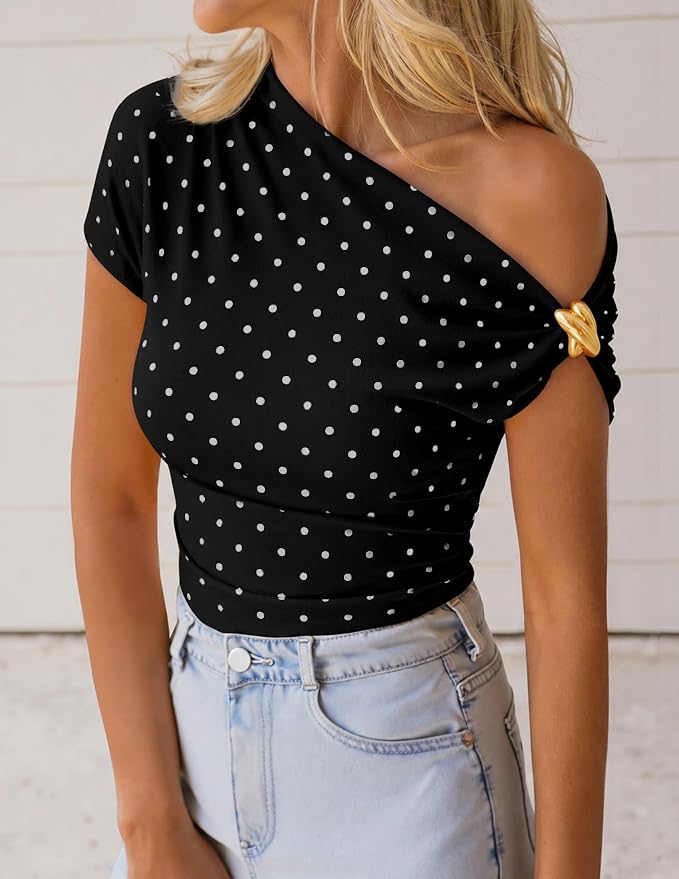 ZESICA Women's 2026 Summer Off Shoulder Tops Going Out Sexy Y2k Shirts Spring Cap Sleeve Ruched Asymmetrical Blouses - Image 2