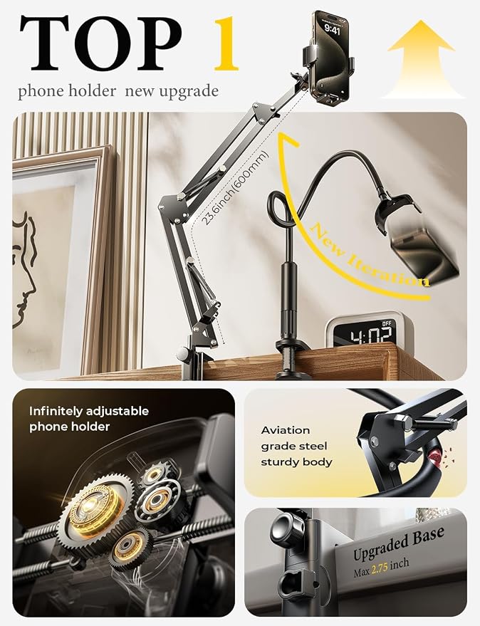 LISEN Gooseneck Phone Holder for Bed Desk [3rd Upgrade] Cell Phone Stand for Desk Bed Gaming Accessories,Gifts for Men Mom Senior Tech Mount for Recording Filming Laying Down Flexible Magic Arm Clamp - Image 8
