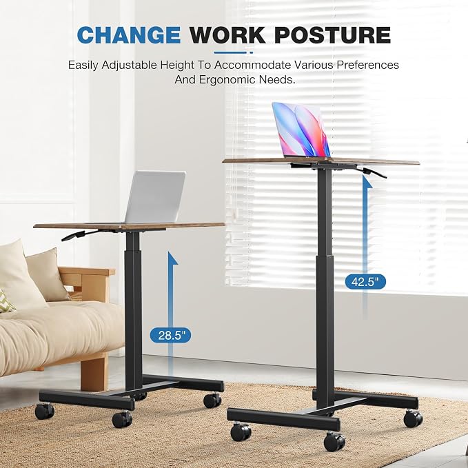 DUMOS Mobile Rolling Desk with Wheels Adjustable Height | Small Standing Desks Portable Laptop PC Table, Computer Workstation for Home Office Small Space, Modern Brown - Image 4