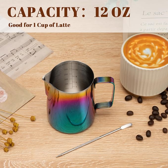 Amrules Milk Frothing Pitcher, 12 oz Milk Frother Cup with Clear Scale, 304 Stainless Steel Cappuccino Espresso Machine Accessories for Barista Coffee Bar with Latte Art Pen, Multicolor - Image 4