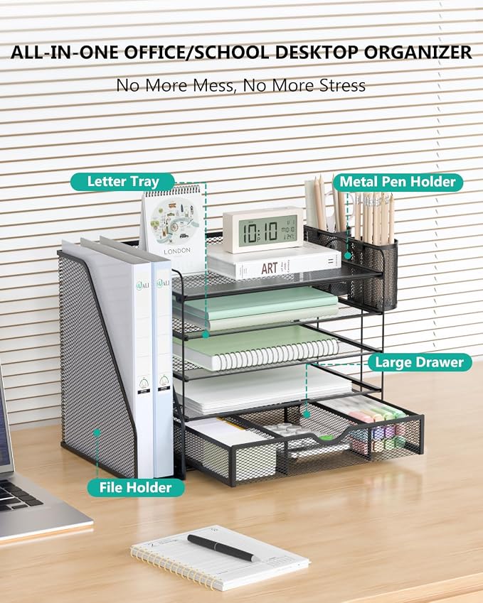 WALI Desk File Organizer, 5 Tier Desktop Paper Letter Tray Organizer with Drawer and 2 Pen Holders, Office Desk Accessories & Workspace Organizers for Office, Home Supplies(DO006DH-B), 1 Pack, Black - Image 2