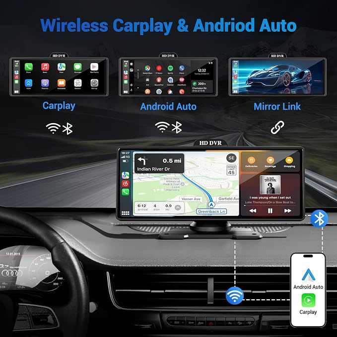 10.26" Wireless Apple Carplay Screen for Car with 4K Dash Cam | Apple Carplay & Android Auto, Touchscren with 1080p Backup Camera, Mirror Link/Voice Control/Music Play/GPS Navigation - Image 2