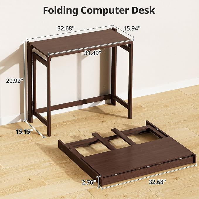 Bamboo Folding Desk for Small Spaces, Small Compact Foldable Desk, Brown | Space Saving Foldable Desk, Writing Desk Computer Table for Bedroom Home Office, Easy Assembly - Image 2