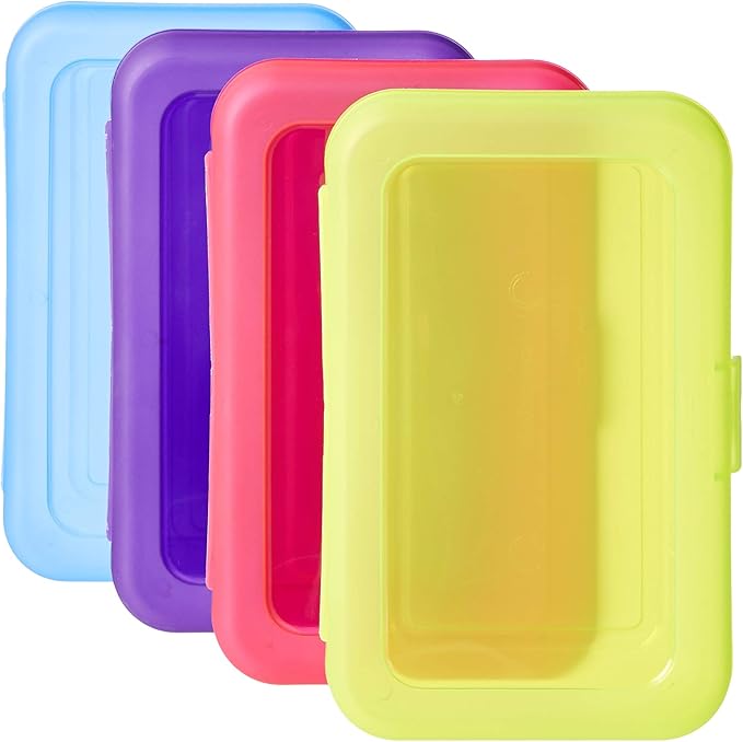Amazon Basics 4-Pack Large Pencil Cases, Storage Organizer, Durable Plastic School Supply Box, Multi-Color Student Organization for Office, College & Classroom Supplies by AmazonBasics