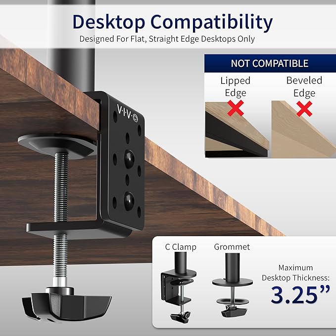 VIVO Single 13 to 38 inch Ultrawide Monitor Arm Desk Mount, Regular Screens up to 32 inches, 22 lbs capacity, Fully Adjustable Stand with C-Clamp and Grommet Base, Black, STAND-V001 - Image 5