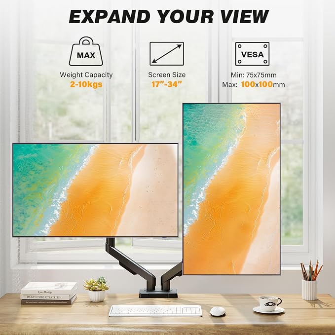 5Rcom Dual Monitor Stand for 17-34 Inch Computer Screens | Gas Spring Full Motion Dual Arms, Each Holds 22lbs, Fits 75/100mm VESA Mount - Image 6