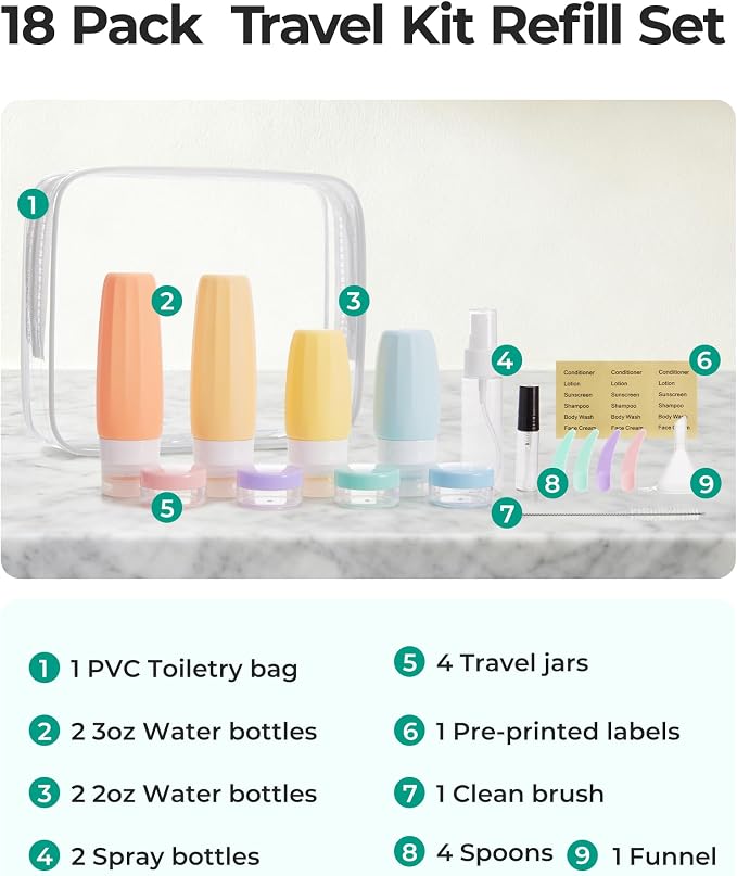 BAGSMART 18 Pack TSA Approved Travel Bottles for Toiletries, Leak Proof Silicone Travel Size Containers Bottles for Shampoo, Rose Pink - Image 2
