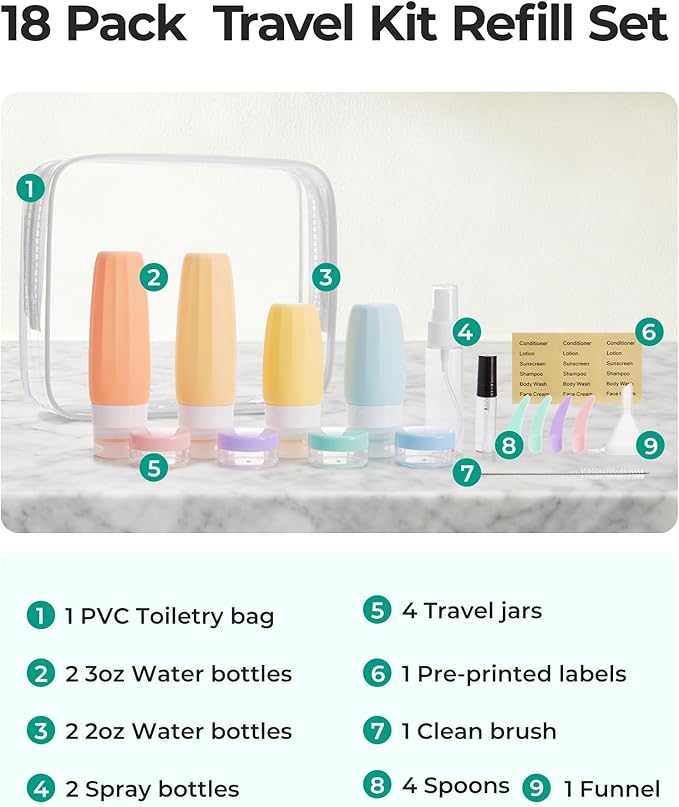 BAGSMART 18 Pack TSA Approved Travel Bottles for Toiletries, Leak Proof Silicone Travel Size Containers Bottles for Shampoo, Macaron - Image 2