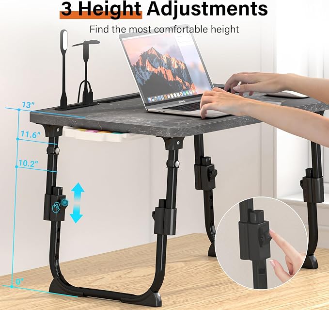 Lap Desk for Bed, Adjustable Laptop Desk with USB Charging Port, Storage Drawer & Bookshelf — Foldable Bed Desk for WFH & Students, 23.6" Desktop Fits 17" Laptop, Non-Slip, Deep Stone Texture - Image 2