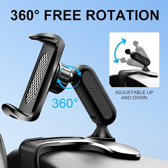 Car Phone Holder Mount, 360 Degree Rotation Car Dashboard Phone Holder, Universal Anti-Shake Dash Steering Wheel Cellphone Clamp Mount Stand for 4-7 Inch Smartphones (Black) - Image 2