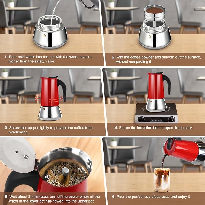 4 Cup Stovetop Espresso Maker Stainless Steel Moka Pot Stove Top Percolator Italian Coffee Makers Capable Mocha Greca Machine Cafe Classic Induction Cookers for Home and Camping 200ml 6.6oz - Image 9