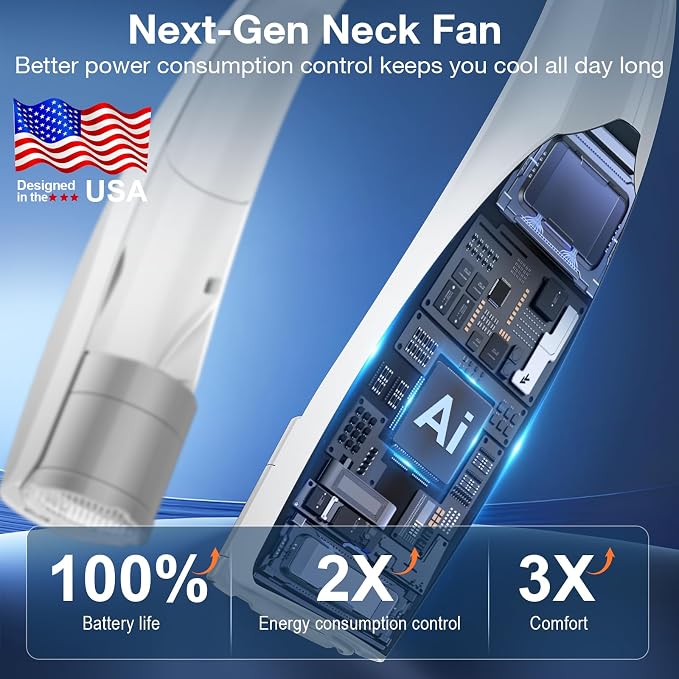 Portable Neck Fan, 6 Speeds Rechargeable Personal Fan with AI Chips, Hands-Free 360° Faster Cooling Wearable Fan, Ultra Quiet for Home, Office, Travel, Indoor, Outdoor - Grey - Image 3