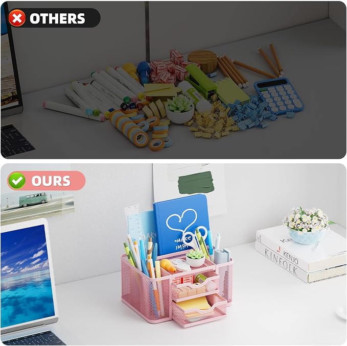 Marbrasse Mesh Desk Organizer, Pen Organizer with 2 Drawer, Multi-Functional Pencil Holder, Desk Organizers and Accessories with 5 Compartments + Drawer for Office Art Supplies (Pink) - Image 6