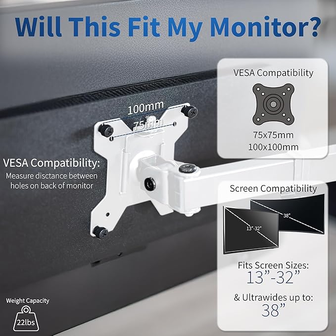 VIVO Single Monitor Arm Desk Mount, Holds Screens up to 32 inch Regular and 38 inch Ultrawide, Fully Adjustable Stand with C-Clamp and Grommet Base, VESA 75x75mm or 100x100mm, White, STAND-V001W - Image 4