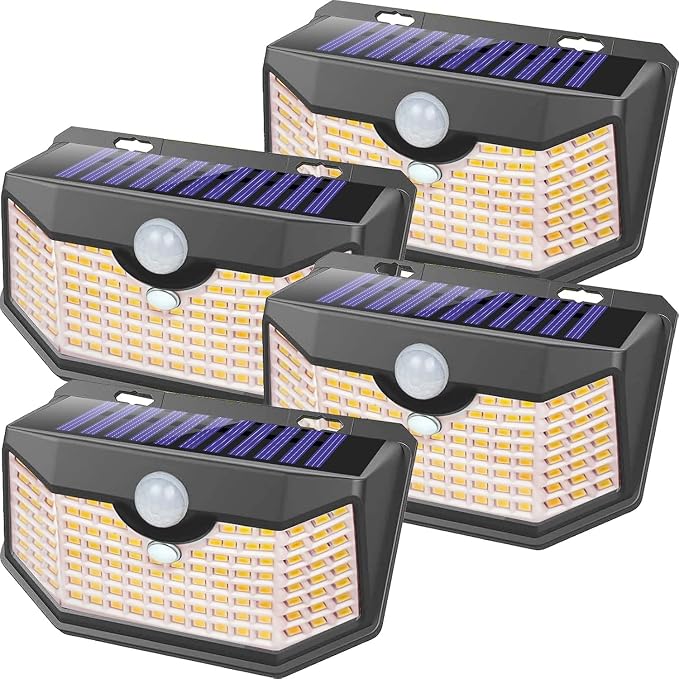HMCITY 120 LED Outdoor Solar Lights- with Motion Sensor and 3 Lighting Modes, IP65 Waterproof Wide Solar Wall Lights Ideal for Garden Patio Yard (Front Button 4Packs, Black Shell-Warm White) by LightingUpYourLife