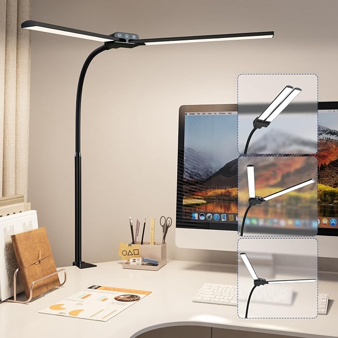 KableRika Desk lamp,Double Head LED Desk Lamp with Clamp,Architect Desk Lights for Home Office,Eye-Caring Desktop Office Lamp 4-Brightness 4-Color Table Lamp for Monitor Workbench Study Reading - Image 8