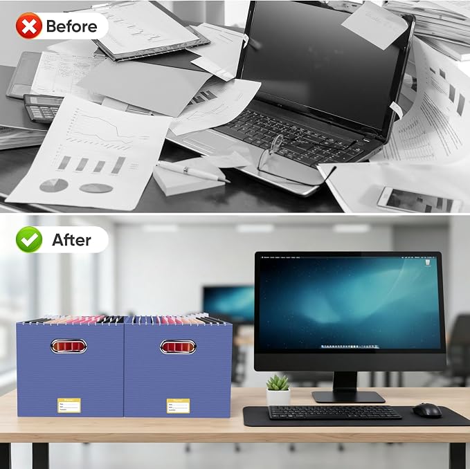 BALEINE File Organizer Box, Cardboard File Folder Organizer with Handle for Letter Size, Portable Collapsible Hanging Filing Box for Home Office Document Storage (4 Pack, Large Navy) - Image 7