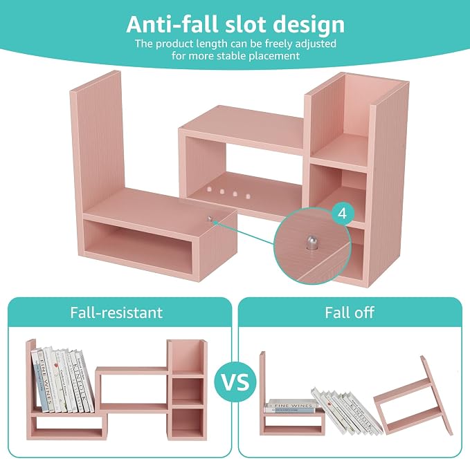 NUTIKAS Desk Shelves Desktop Organizer Shlef - Pink Office Organization for Top of Desk Organizers and Accessories Corner Bookshelf Table Top Shelving Small Hutch Decorations for Office - Image 8
