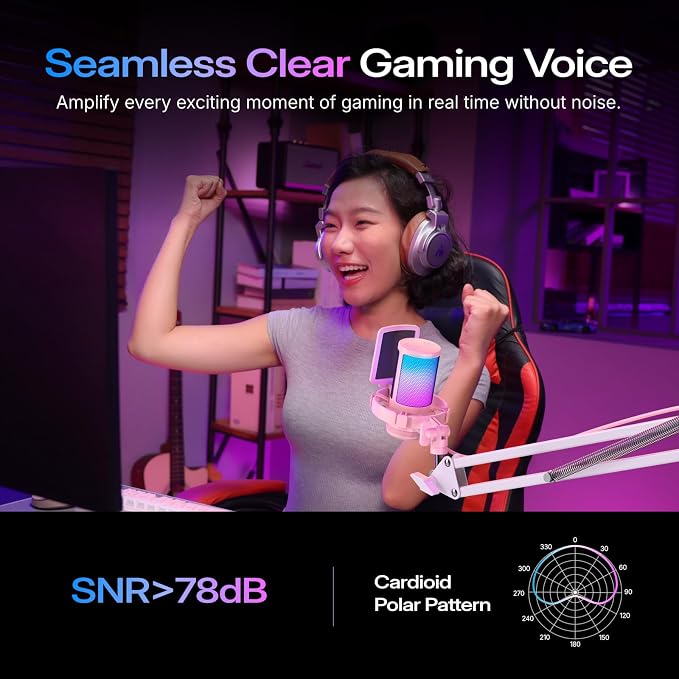 MAONO DGM20S USB Microphone for PC with Clear Voice & Noise Reduction | RGB Lighting, Tap-to-Mute, Gain Control, Monitoring and Boom Arm for Discord Gaming, Streaming, Content Creation.Pink - Image 4
