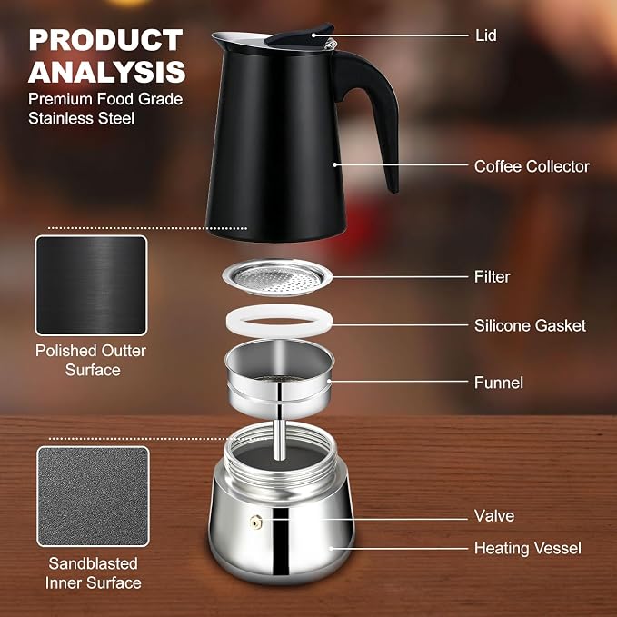 9 Cup Stovetop Espresso Maker Stainless Steel Moka Pot Stove Top Percolator Italian Coffee Makers Capable Mocha Greca Machine Cafe Classic Induction Cookers for Home and Camping 450ml 15oz - Image 4