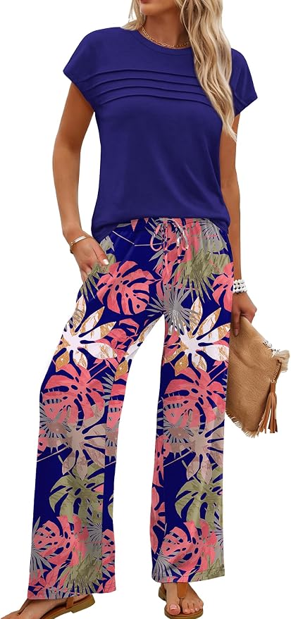 WIHOLL Two Piece Set for Women Summer Spring Outfits Matching Sets Women Clothing Airport Travel Vacation Wide Leg Pants - Image 2