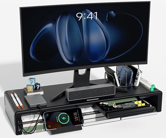 OImatser Monitor Stand Riser with USB 3.0 Hub & Type-C Port, Foldable Adjustable Computer Stand with Storage Drawer, Pen Slot & Phone Holder, Space Saving Laptop Stand for Home Office Desk Organization (Black-3.0 HUB-Adapter) by Olmaster
