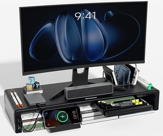 OImatser Monitor Stand Riser with USB 3.0 Hub & Type-C Port, Foldable Adjustable Computer Stand with Storage Drawer, Pen Slot & Phone Holder, Space Saving Laptop Stand for Home Office Desk Organization (Black-3.0 HUB-Adapter) by Olmaster