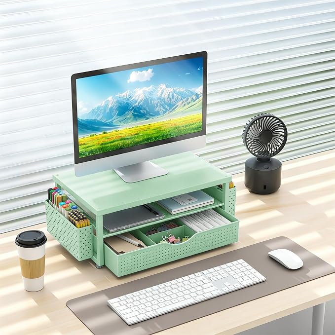 gianotter Desk Organizers and Accessories, Monitor Stand with Drawer and 2 Pen Holder, Desktop Organizer Suitable for Offices and Dormitories (Sage Green-Plain) - Image 7