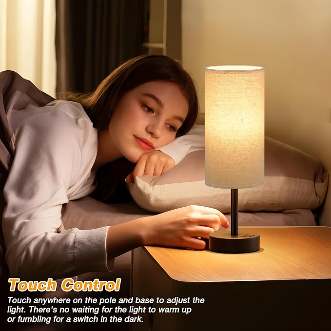 Dicoool Bedside Table Lamp for Bedroom - 3-Way Dimmable Touch Lamp, USB A+C | LED Bulb Included, 14" Small Nightstand Lamp for Desk, Living Room, Guest Room, Beige Fabric Lampshade, Black Metal Base - Image 2