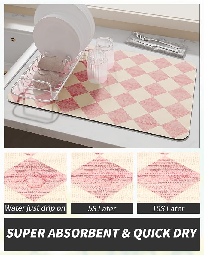 AMOAMI Coffee Mat Hide Stain Rubber Backed Absorbent Dish Drying Mat for Kitchen Counter - Fits Under Coffee Maker or Machine - PINK 16X24 - Image 3