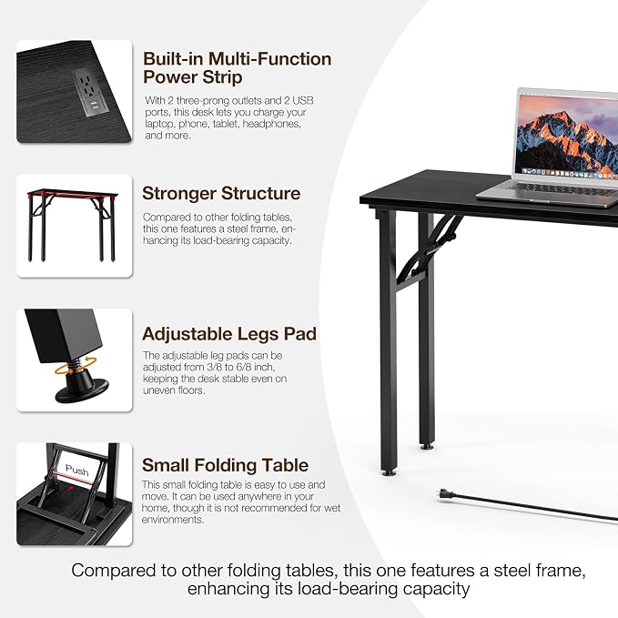 TEMI Small Computer Desk Folding Table - No Assembly, Compact 35.8" Foldable Desk with Power Outlets & USB Charging Port, Portable Small Office Desk, Ideal Mini Study Table, Dark Oak - Image 9