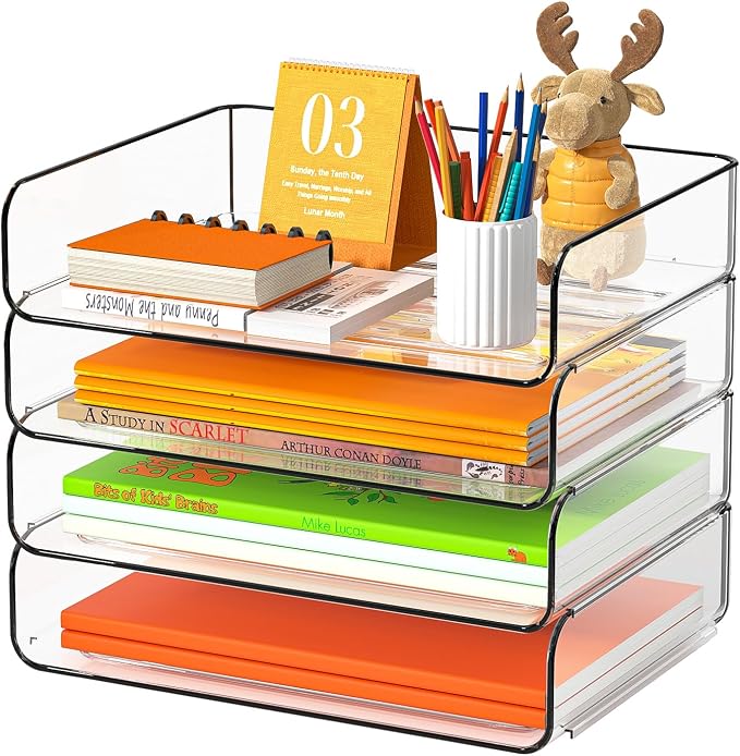 FANXIYQ 4-Tier Acrylic Paper Tray Organizer - Low-Profile Desk File Sorter for Office/Home, Clear Stackable Letter Tray for Bills, Crafts, Notebooks by FANXIYQ