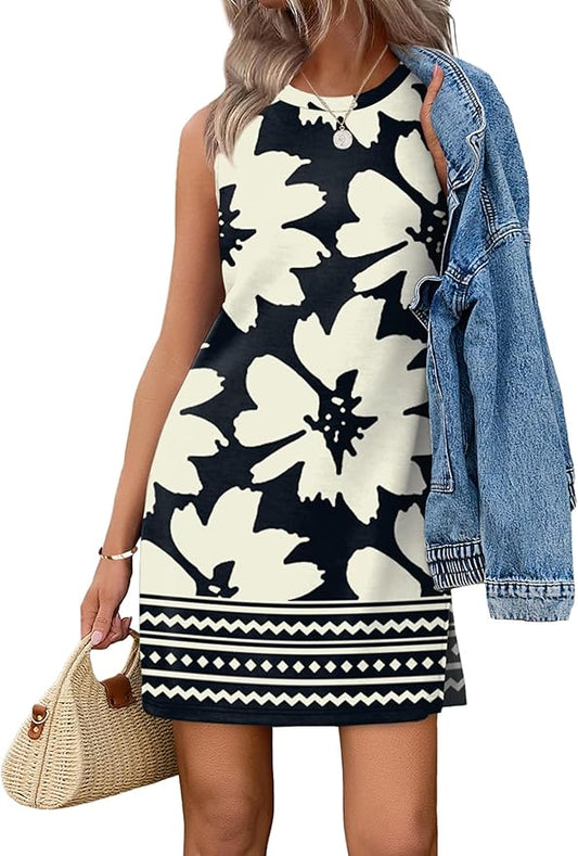 WIHOLL Casual Dresses for Women Crewneck Sleeveless Tank Dress Summer Spring Boho Vacation Clothes by WIHOLL