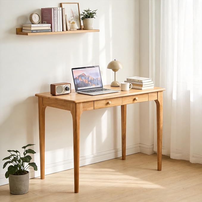 40" Solid Wood Desk with Drawers,Mid Century Modern Natural Real Wood Writing Desk,Home Bedroom Computer Office Workstation Desks,Small Spaces,Wood Color - Image 4