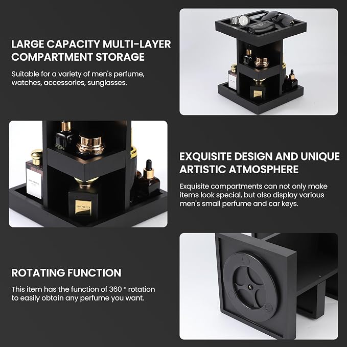 EXIN DECHEN Cologne Organizer for Men,Birthday Gifts for Men,Wooden Black | Easy Installation,360° Rotating,Boyfriend Husband Dad Gift Ideas,Mens Accessories for Desk,Bathroom Countertop,Vanity,Dresser - Image 3