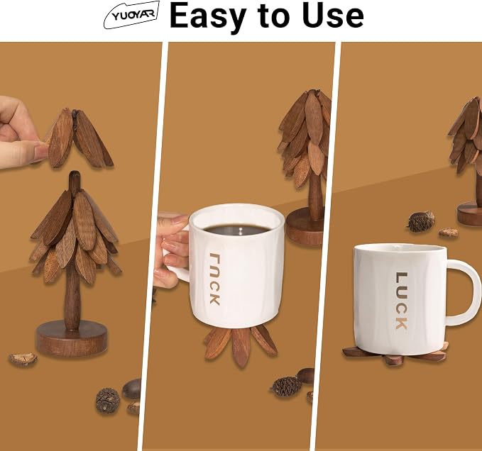 Yuoyar Wooden Tree-Shaped Coasters Set for Coffee Table, Kitchen - Image 2