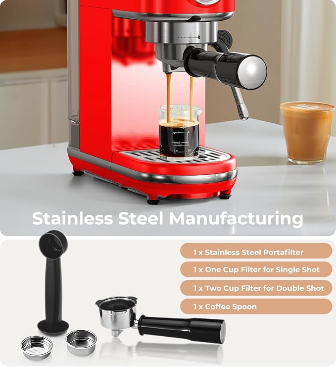 atatix 20 Bar Espresso Machine with Milk Frother, Compact Espresso Maker | Stainless Steel Coffee Machine with Precise Temp Control & 44oz Removable Water Tank for Latte, Cappuccino, Red - Image 7